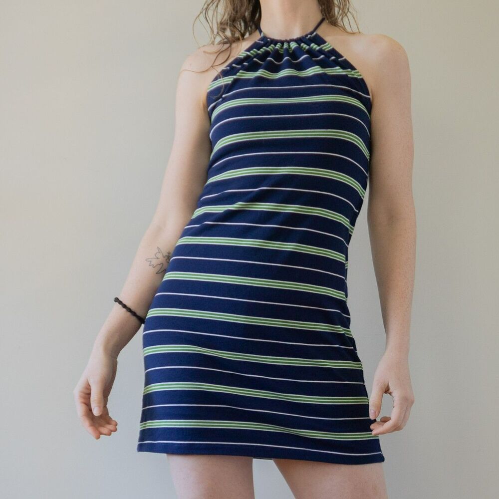 Y2K Blue Green Striped Summer Halter Tube Women's Mini Dress